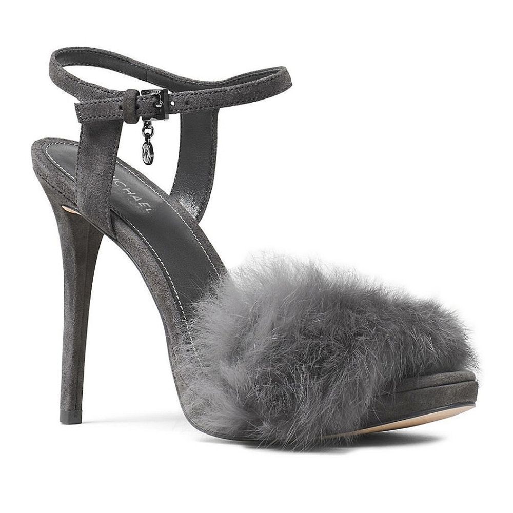 New! MICHAEL KORS Women's Rabbit Fur Trim Gray Sexy Heels Open-Toe Pumps 7.5